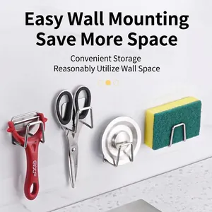 Wall-mounted stainless steel sponge holder and kitchen tool organizer with hooks
