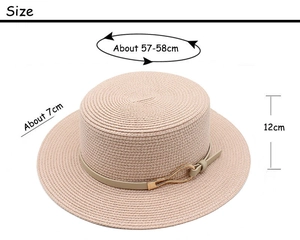 Detail view of pink straw boater hat with size guide showing 57-58cm circumference