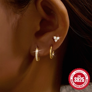 Elegant S925 sterling silver hoop earring set with 18K gold plating and cubic zirconia