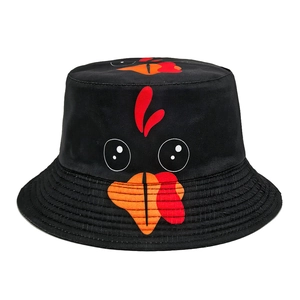 Black cotton bucket hat with cute cartoon turkey embroidery for outdoor sun protection