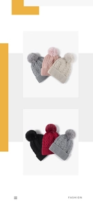 Close-up of five colorful cable knit beanies with faux fur pom-poms for winter