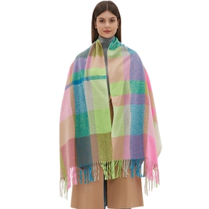 Thick colorful plaid scarf with long tassels, warm autumn winter oversized shawl for women