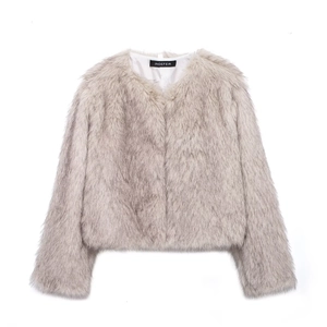 Short grey faux fur jacket with round neck and long sleeves on a white background