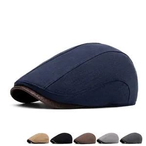 Breathable cotton-linen flat cap for men featuring a vintage patchwork visor design