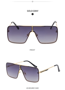 Detailed front and side views of oversized gold metal square sunglasses with grey lenses