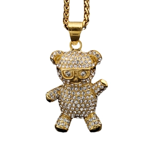 Hip hop gold-plated teddy bear necklace with clear rhinestones and glasses pendant
