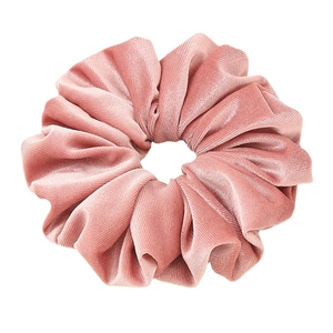 Oversized dusty rose velvet scrunchie with soft texture and pleated elastic design