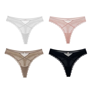 Lace thong underwear set in white, pink, brown, and black with sheer mesh and heart charm