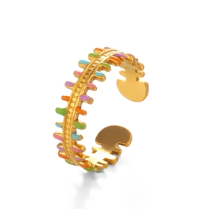 18K gold plated fishbone ring with colorful enamel dots on polished stainless steel