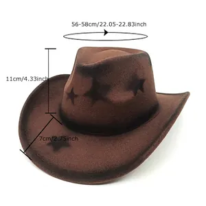 Brown wool cowboy hat with black star print and detailed size chart measurements