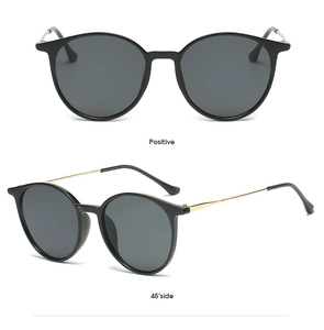 Front and 45-degree side view of vintage round sunglasses with black frames and gold legs