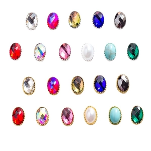 Cristaux d'ongles ovales colorés avec bordure en métal doré et argenté pour manucure DIY