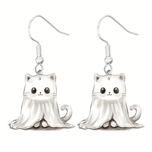 Detail view of cute acrylic Halloween ghost cat earrings with polished metal hooks