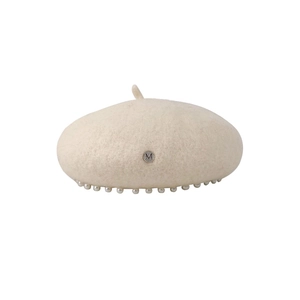 Elegant beige wool beret for women with pearl trim and metallic M logo detail