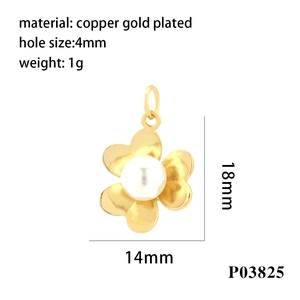 Detail of 18K gold plated copper flower pendant with pearl inlay and P03825 specs