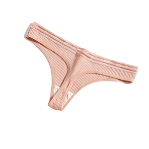 Pink ribbed cotton thong for women featuring a unique triple-strap hollow waist design