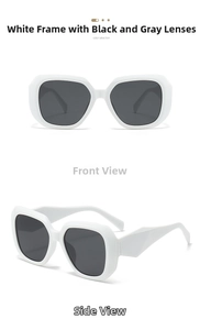 Front and side view of thick white rectangular sunglasses with dark grey lenses
