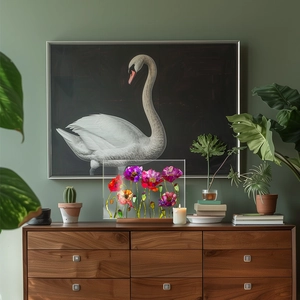 Acrylic flower decor plaque on wooden base displayed on a cabinet in a modern home