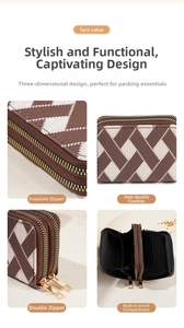Detail of dual zipper card holder featuring checkered leather and organ style card slots
