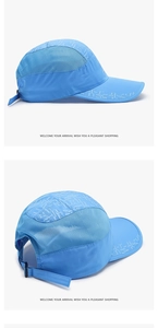 Detail of blue quick-dry cap showing breathable mesh and adjustable buckle strap