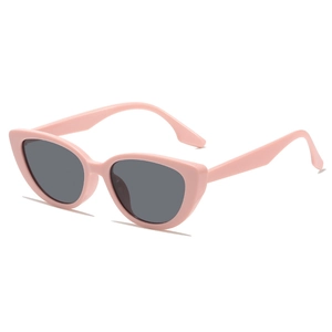Stylish cat-eye sunglasses with light pink frames and dark gray lenses for women