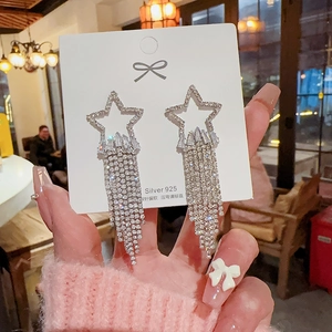 Elegant 925 silver star earrings with long sparkling rhinestone tassels for women