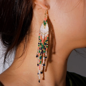 Boucles D'Oreilles Bohèmes À Franges Longues Faites À La Main Perles De Verre Colorées Alliage Style Ethnique Vintage Pour Femmes