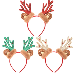 Sparkly reindeer antler headbands in red, green, and gold with plush trim for Christmas