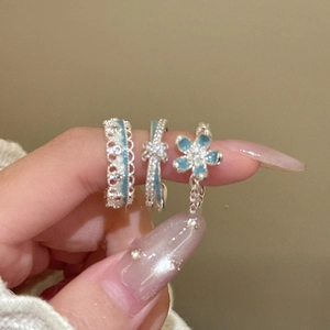 Three-piece silver S925 ring set with blue enamel flowers and sparkling zircon stones