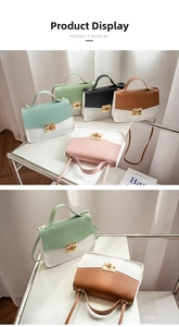 Detail of color-block mini handbag with metal twist lock and smooth faux leather texture