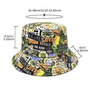 Graffiti bucket hat for men and women with specific size chart details and dimensions