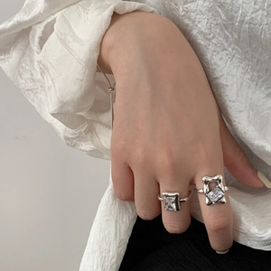 925 sterling silver stacked rings with square gemstone and irregular hollow design