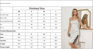 Detailed size chart for lace slip mini dress including bust and hip measurements