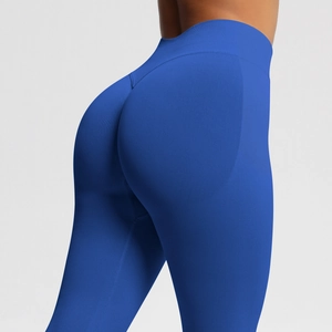 Close-up of seamless high waist yoga leggings in royal blue with butt-lifting texture