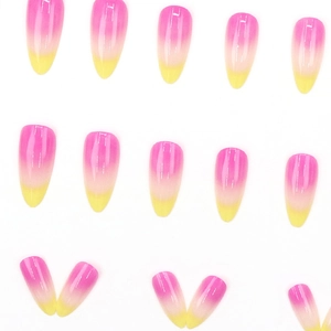 Glossy pink and yellow gradient almond press-on nails in a 15-piece professional set