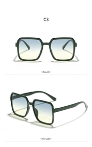 Dual view of square fashion sunglasses with blue yellow gradient lenses and dark frames