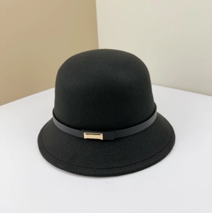 Elegant black wool cloche hat for women featuring a slim leather band and golden buckle
