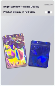 Detail of holographic resealable bags showing vibrant laser finish and zip lock seal