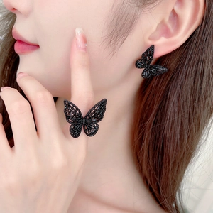 Chic Copper Butterfly Jewelry Set For Women Zirconia Inlaid Adjustable Ring And Stud Earrings Fashion Gift For Party