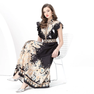 Floral print maxi dress with paisley pattern, waist belt and ruffled cap sleeves