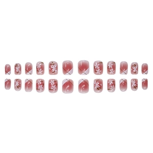 24-piece short press-on nails with ice-pink gradient and delicate floral patterns