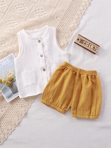 Kids summer cotton gauze set with sleeveless vest and elastic shorts in yellow