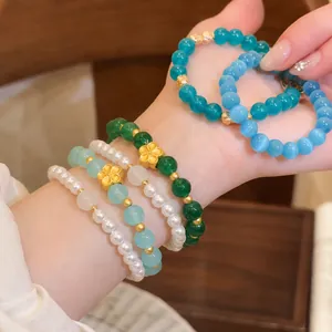 Pulsera de Cuentas de Piedra Natural de Estilo Neo-Chino para Mujer Lujo Cobre Galvanizado Colgante de Flor Geométrico Perla Artificial Joyería