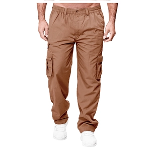 Detail of brown cargo pants featuring side flap pockets and elastic drawstring waistband