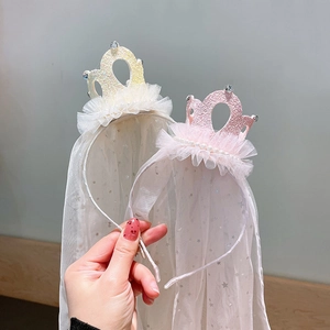 Sparkling girls crown headband with star tulle veil in pink and yellow colors
