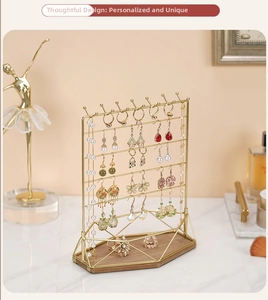 5-tier gold metal jewelry stand with wooden base for necklaces and earrings display