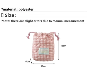 Detailed specs of pink quilted polyester drawstring pouch with heart stitching and dimensions