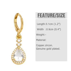Detailed view of pear-shaped zircon earrings with gold plating and dimensions