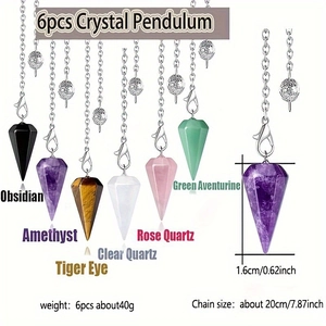 Set of 6 hexagonal crystal pendants with silver chains and detailed dimension labels
