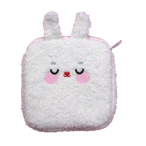 Cute white sherpa rabbit storage pouch with soft plush texture and pink zipper closure